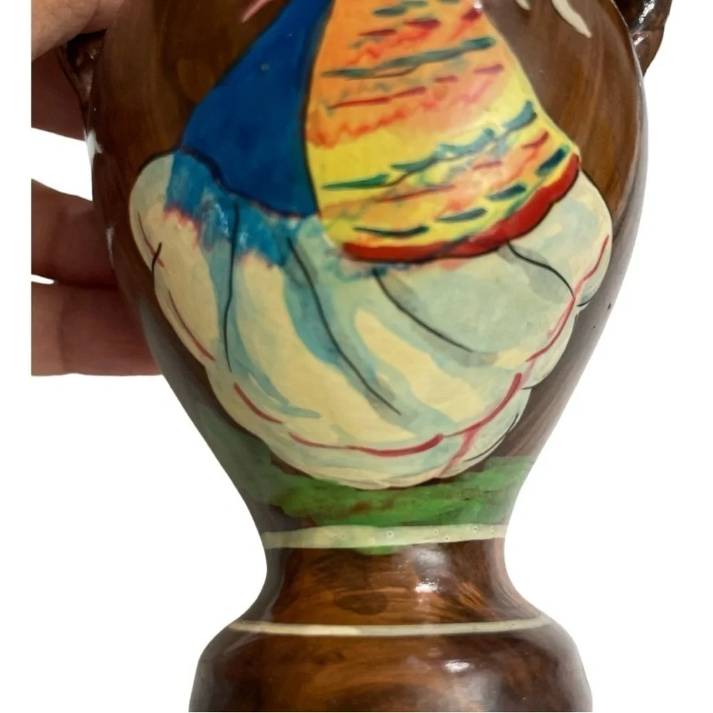 Vintage Signed Handmade Greek Pottery Vase Woman Double Handle Made in Greece